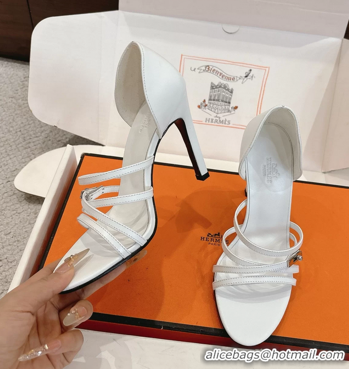 Feminine Hermes Lipstick White Calfskin Leather High Heeled Sandals 105MM 6052601