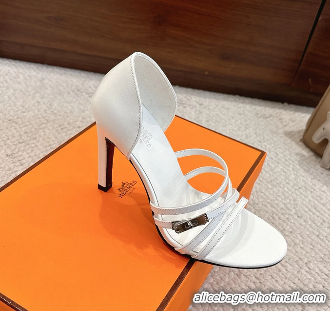 Feminine Hermes Lipstick White Calfskin Leather High Heeled Sandals 105MM 6052601