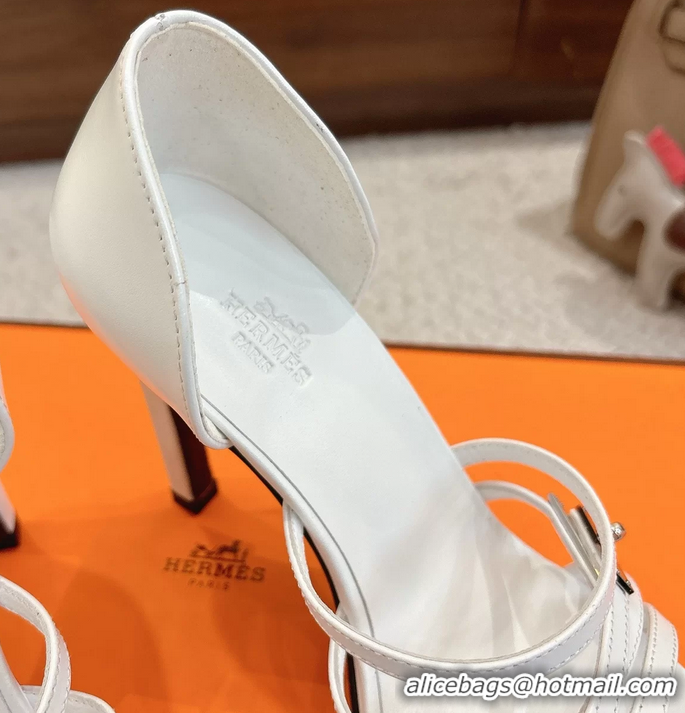 Feminine Hermes Lipstick White Calfskin Leather High Heeled Sandals 105MM 6052601