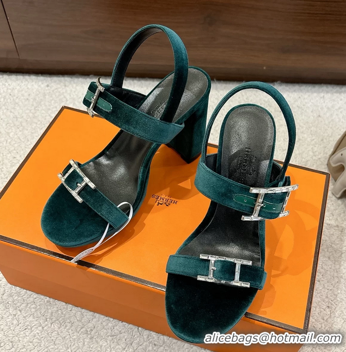 Trendy Design Hermes Bossa Green Velvet High Heeled Sandals 105MM 6052602