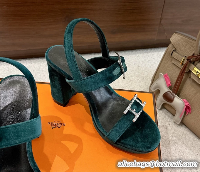 Trendy Design Hermes Bossa Green Velvet High Heeled Sandals 105MM 6052602