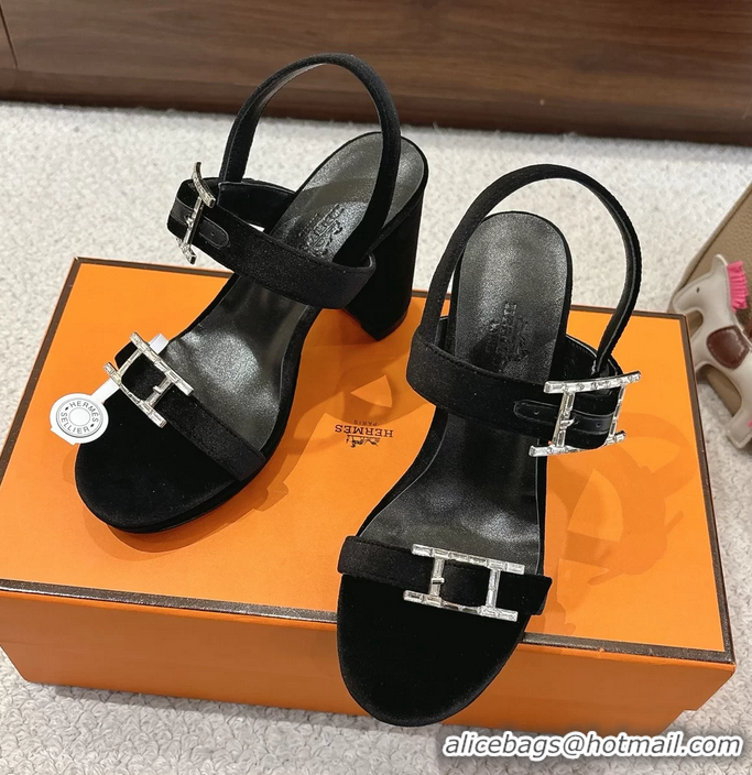 Comfortable Hermes Bossa Black Velvet High Heeled Sandals 105MM 6052602