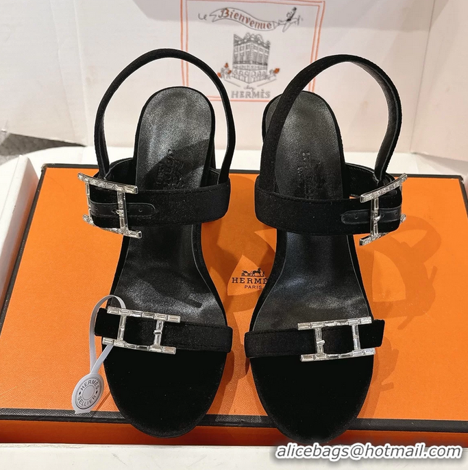 Comfortable Hermes Bossa Black Velvet High Heeled Sandals 105MM 6052602