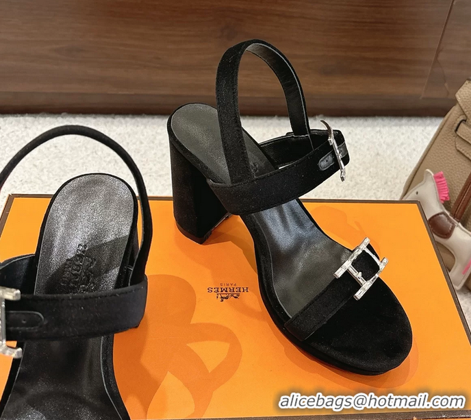 Comfortable Hermes Bossa Black Velvet High Heeled Sandals 105MM 6052602