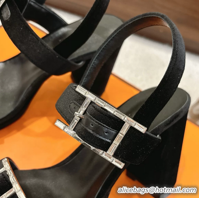 Comfortable Hermes Bossa Black Velvet High Heeled Sandals 105MM 6052602