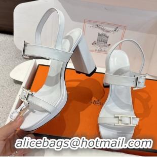 Fashion Hermes Bossa White Calfskin Leather High Heeled Sandals 105MM 6052603