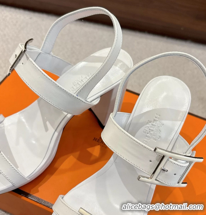 Fashion Hermes Bossa White Calfskin Leather High Heeled Sandals 105MM 6052603