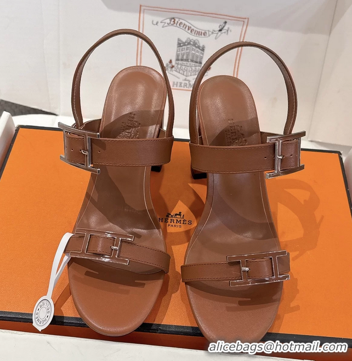 Classic Hermes Bossa Brown Calfskin Leather High Heeled Sandals 105MM 6052603