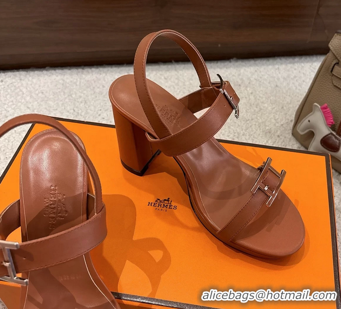 Classic Hermes Bossa Brown Calfskin Leather High Heeled Sandals 105MM 6052603