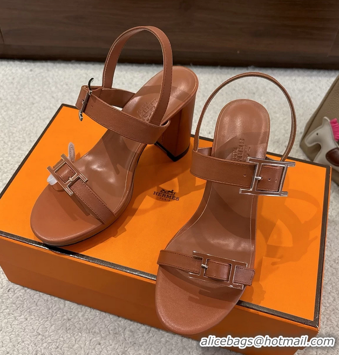 Classic Hermes Bossa Brown Calfskin Leather High Heeled Sandals 105MM 6052603
