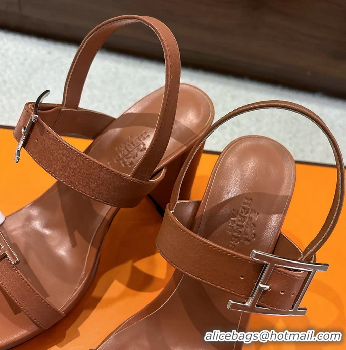 Classic Hermes Bossa Brown Calfskin Leather High Heeled Sandals 105MM 6052603