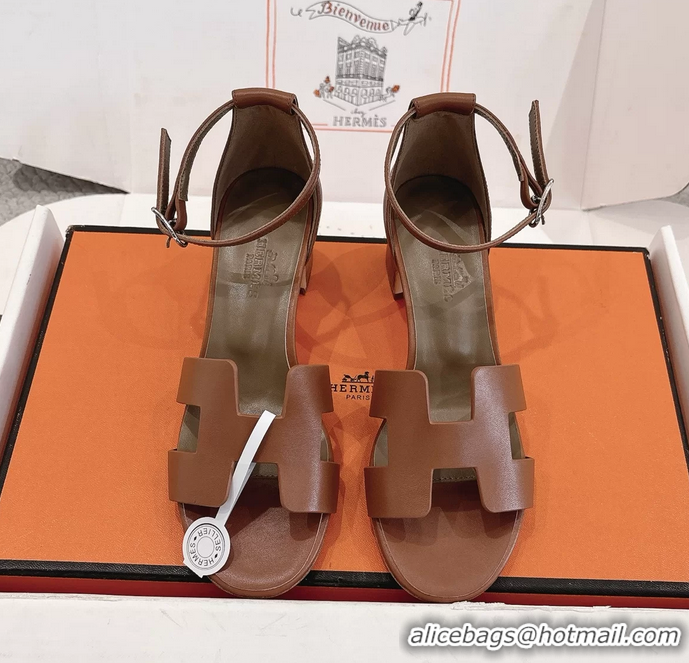 Unique Hermes Encens Brown Calfskin Leather High Heeled Sandals 50MM 6052603