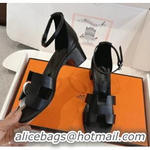 Buy Discount Hermes Encens Black Calfskin Leather High Heeled Sandals 50MM 6052604