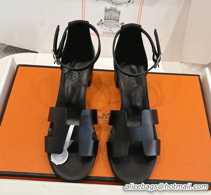 Buy Discount Hermes Encens Black Calfskin Leather High Heeled Sandals 50MM 6052604