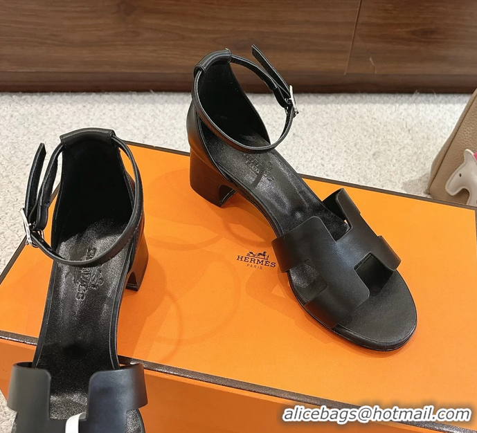 Buy Discount Hermes Encens Black Calfskin Leather High Heeled Sandals 50MM 6052604