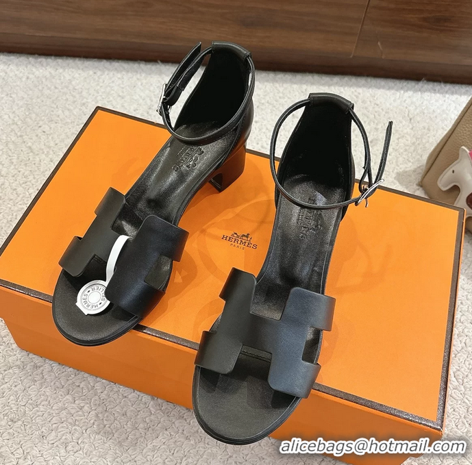Buy Discount Hermes Encens Black Calfskin Leather High Heeled Sandals 50MM 6052604