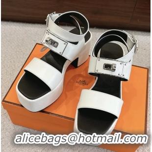 Discount Hermes Lola Platform High Heeled Sandals with Oversized Kelly Buckle White Calfskin Leather 75MM 6052605