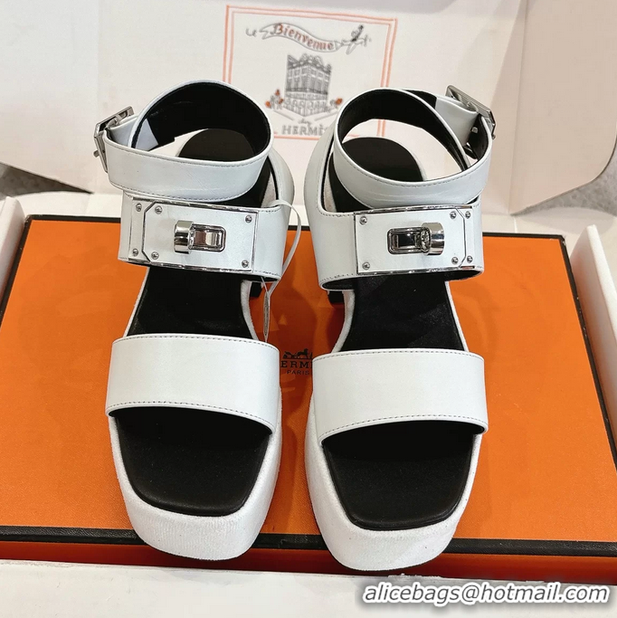 Discount Hermes Lola Platform High Heeled Sandals with Oversized Kelly Buckle White Calfskin Leather 75MM 6052605