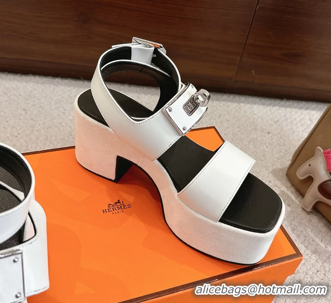 Discount Hermes Lola Platform High Heeled Sandals with Oversized Kelly Buckle White Calfskin Leather 75MM 6052605
