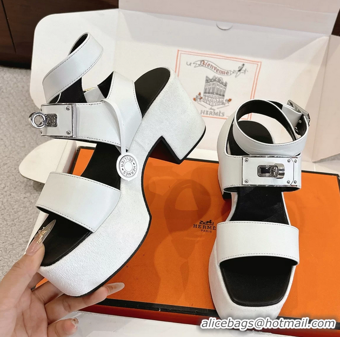 Discount Hermes Lola Platform High Heeled Sandals with Oversized Kelly Buckle White Calfskin Leather 75MM 6052605