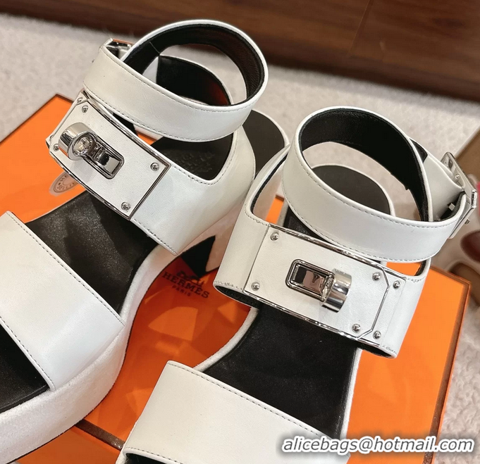 Discount Hermes Lola Platform High Heeled Sandals with Oversized Kelly Buckle White Calfskin Leather 75MM 6052605