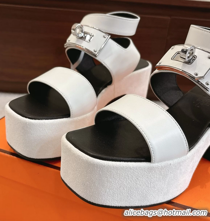 Discount Hermes Lola Platform High Heeled Sandals with Oversized Kelly Buckle White Calfskin Leather 75MM 6052605