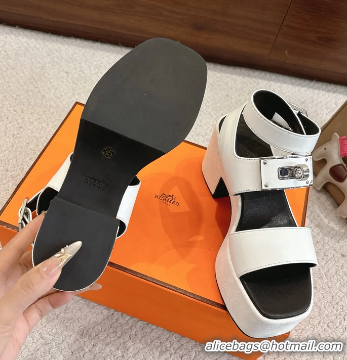 Discount Hermes Lola Platform High Heeled Sandals with Oversized Kelly Buckle White Calfskin Leather 75MM 6052605