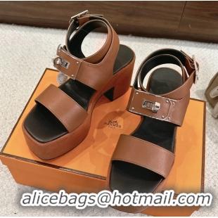 Original Cheap Hermes Lola Platform High Heeled Sandals with Oversized Kelly Buckle Brown Calfskin Leather 75MM 6052605