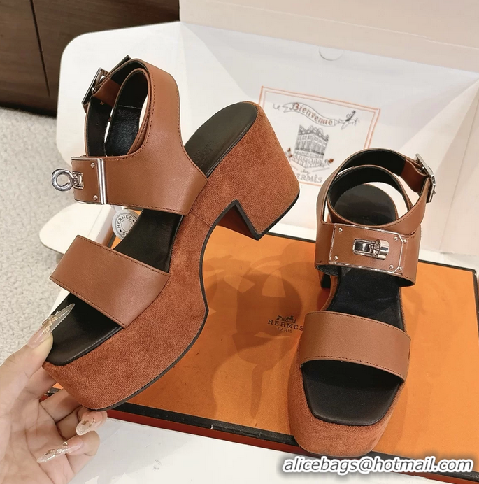 Original Cheap Hermes Lola Platform High Heeled Sandals with Oversized Kelly Buckle Brown Calfskin Leather 75MM 6052605