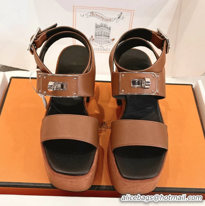 Original Cheap Hermes Lola Platform High Heeled Sandals with Oversized Kelly Buckle Brown Calfskin Leather 75MM 6052605