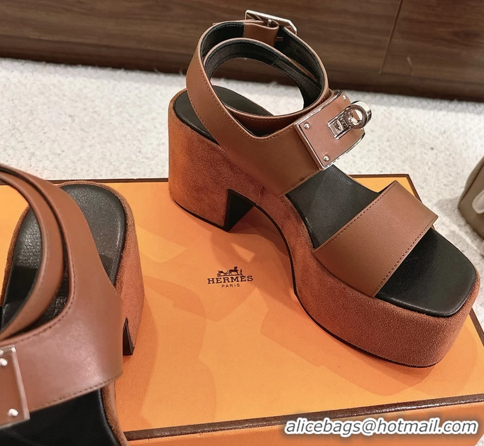 Original Cheap Hermes Lola Platform High Heeled Sandals with Oversized Kelly Buckle Brown Calfskin Leather 75MM 6052605