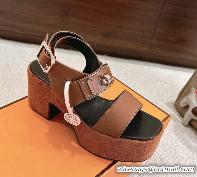 Original Cheap Hermes Lola Platform High Heeled Sandals with Oversized Kelly Buckle Brown Calfskin Leather 75MM 6052605