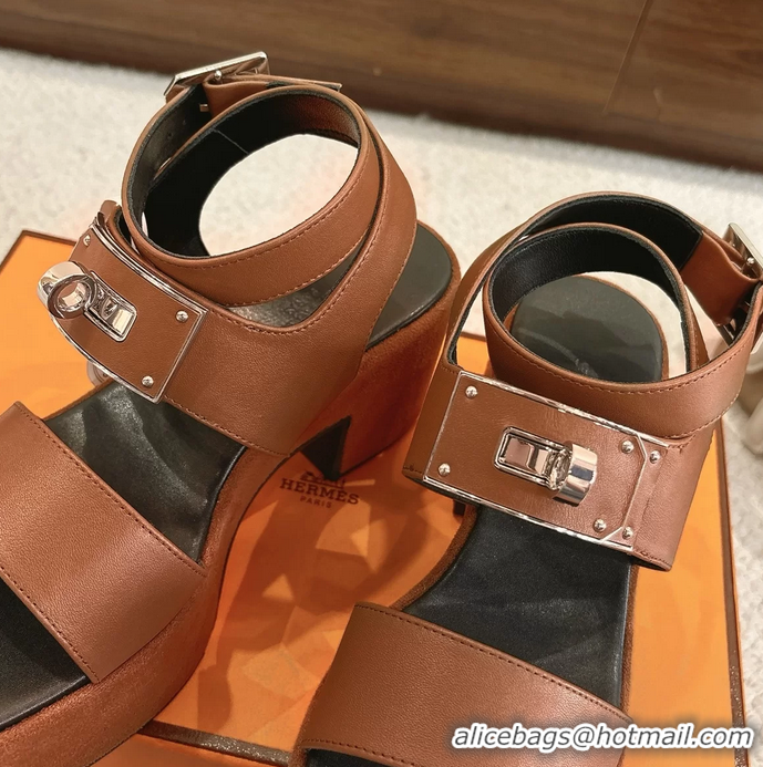 Original Cheap Hermes Lola Platform High Heeled Sandals with Oversized Kelly Buckle Brown Calfskin Leather 75MM 6052605