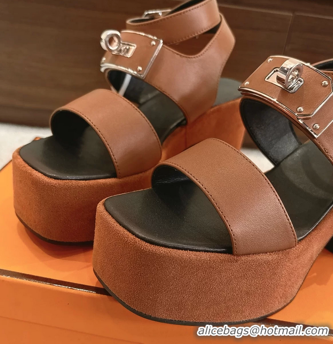 Original Cheap Hermes Lola Platform High Heeled Sandals with Oversized Kelly Buckle Brown Calfskin Leather 75MM 6052605