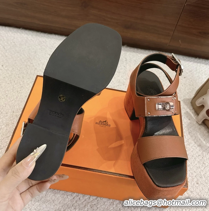 Original Cheap Hermes Lola Platform High Heeled Sandals with Oversized Kelly Buckle Brown Calfskin Leather 75MM 6052605