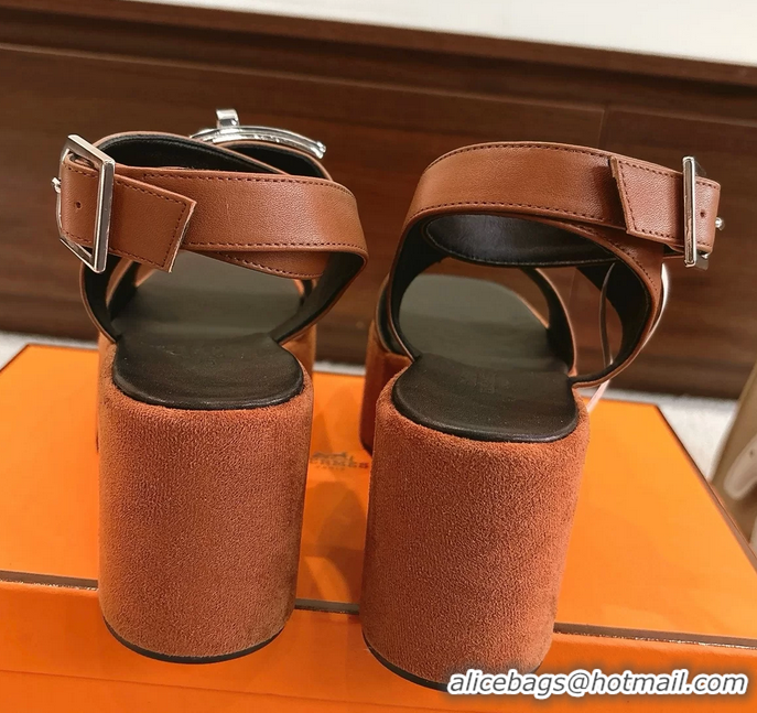 Original Cheap Hermes Lola Platform High Heeled Sandals with Oversized Kelly Buckle Brown Calfskin Leather 75MM 6052605