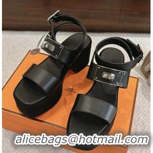 Stylish Hermes Lola Platform High Heeled Sandals with Oversized Kelly Buckle Black Calfskin Leather 75MM 6052605