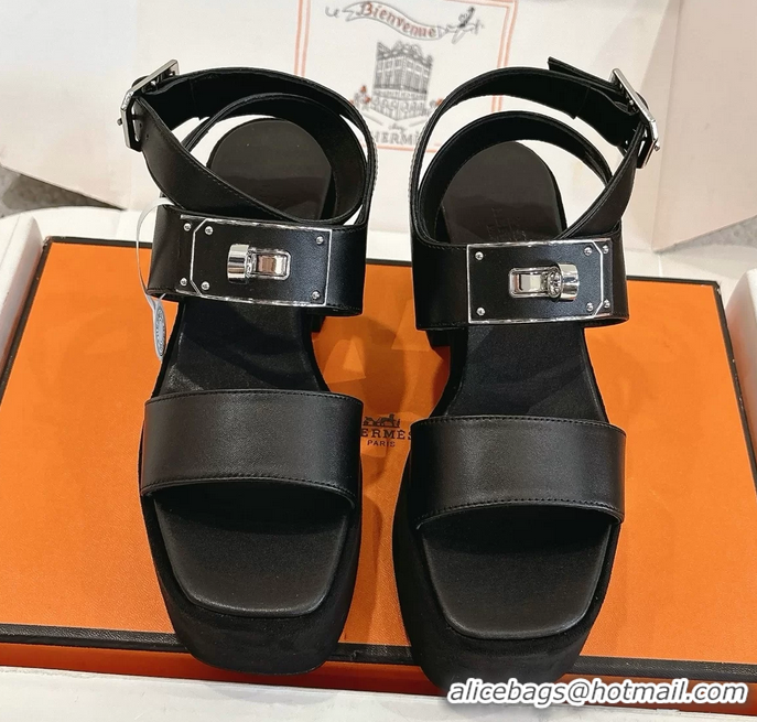 Stylish Hermes Lola Platform High Heeled Sandals with Oversized Kelly Buckle Black Calfskin Leather 75MM 6052605