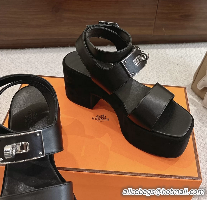 Stylish Hermes Lola Platform High Heeled Sandals with Oversized Kelly Buckle Black Calfskin Leather 75MM 6052605