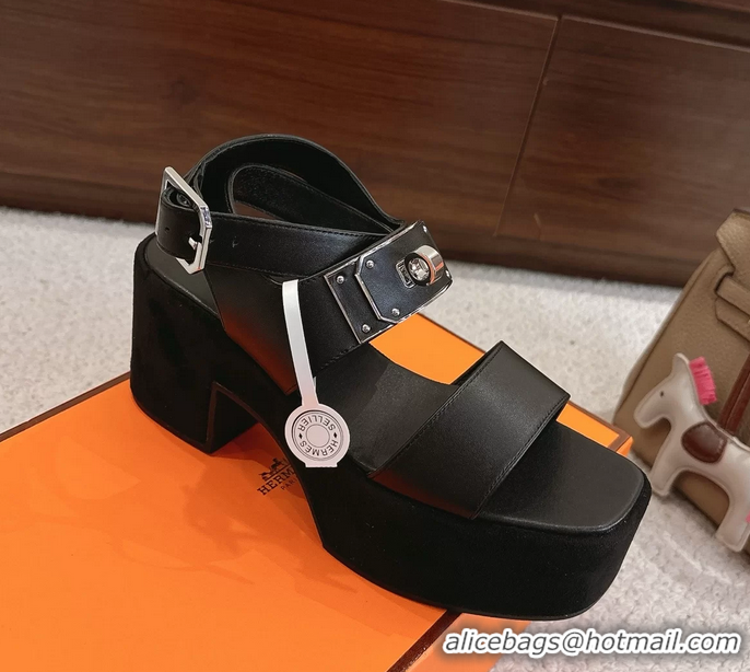 Stylish Hermes Lola Platform High Heeled Sandals with Oversized Kelly Buckle Black Calfskin Leather 75MM 6052605