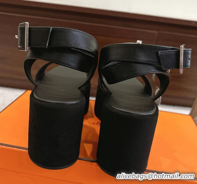 Stylish Hermes Lola Platform High Heeled Sandals with Oversized Kelly Buckle Black Calfskin Leather 75MM 6052605