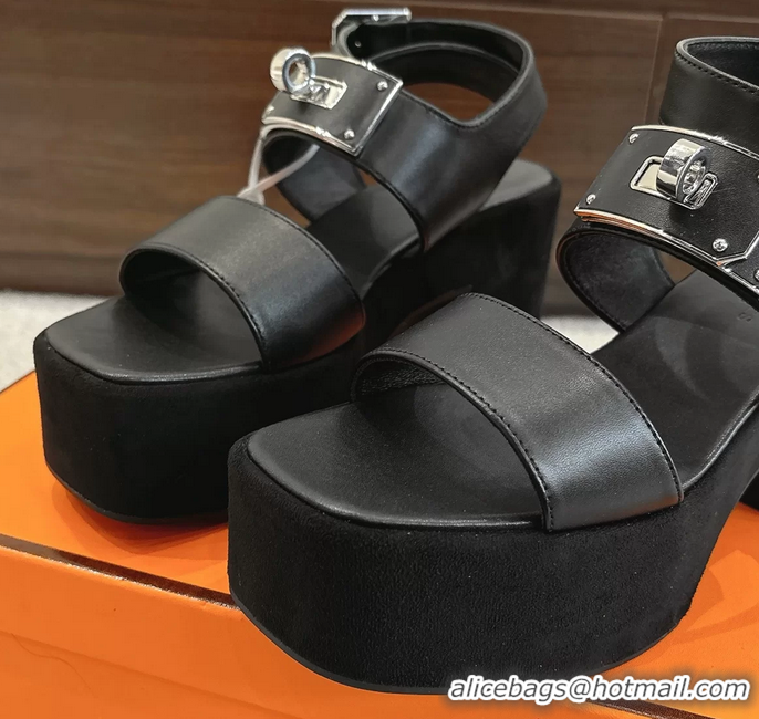 Stylish Hermes Lola Platform High Heeled Sandals with Oversized Kelly Buckle Black Calfskin Leather 75MM 6052605