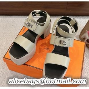 Original Cheap Hermes Lola Platform High Heeled Sandals with Oversized Kelly Buckle Gray Calfskin Leather 75MM 6052605