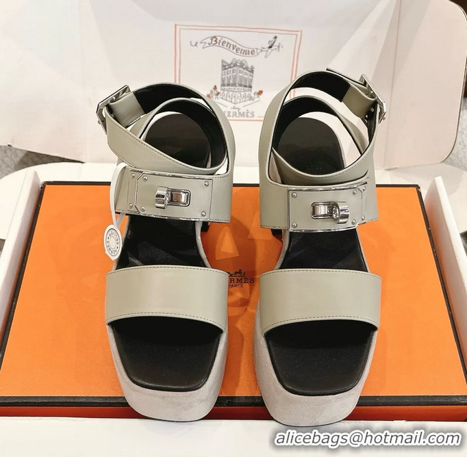 Original Cheap Hermes Lola Platform High Heeled Sandals with Oversized Kelly Buckle Gray Calfskin Leather 75MM 6052605