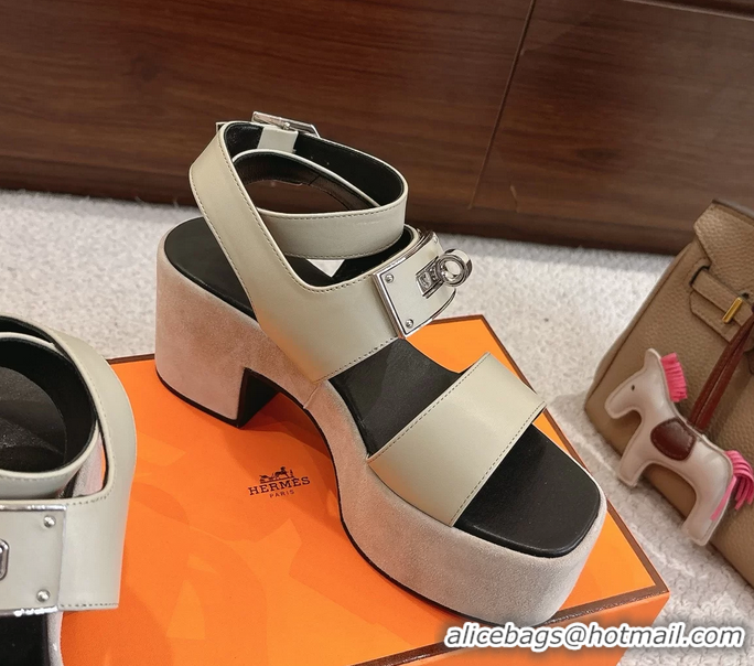 Original Cheap Hermes Lola Platform High Heeled Sandals with Oversized Kelly Buckle Gray Calfskin Leather 75MM 6052605
