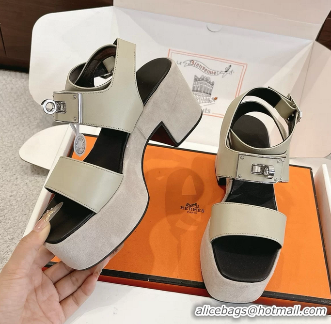 Original Cheap Hermes Lola Platform High Heeled Sandals with Oversized Kelly Buckle Gray Calfskin Leather 75MM 6052605