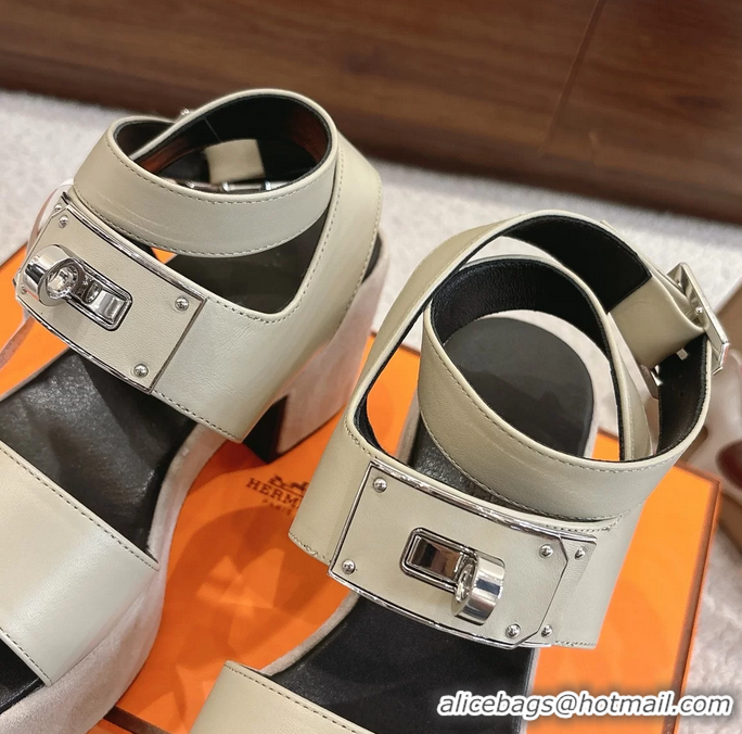 Original Cheap Hermes Lola Platform High Heeled Sandals with Oversized Kelly Buckle Gray Calfskin Leather 75MM 6052605