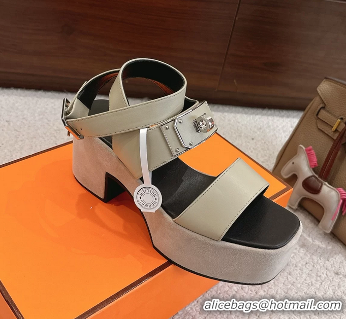 Original Cheap Hermes Lola Platform High Heeled Sandals with Oversized Kelly Buckle Gray Calfskin Leather 75MM 6052605