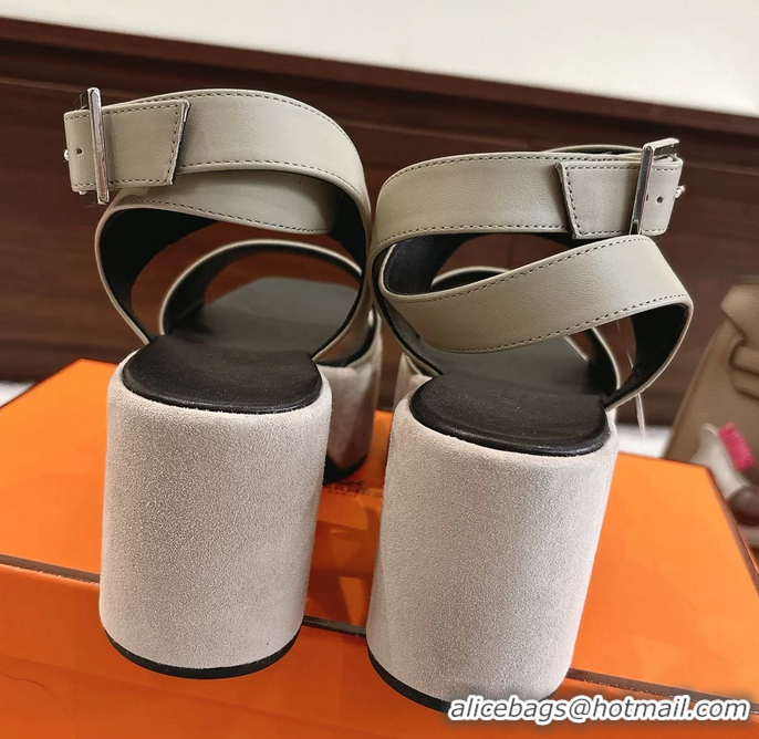Original Cheap Hermes Lola Platform High Heeled Sandals with Oversized Kelly Buckle Gray Calfskin Leather 75MM 6052605