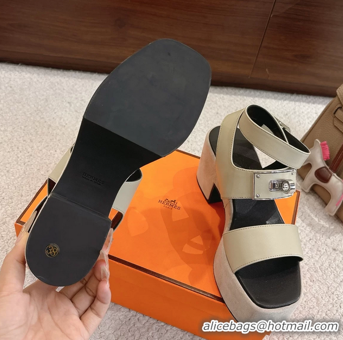 Original Cheap Hermes Lola Platform High Heeled Sandals with Oversized Kelly Buckle Gray Calfskin Leather 75MM 6052605